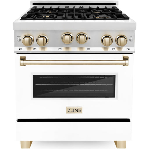 ZLINE Autograph Edition 30 in. 4.0 cu. ft. Dual Fuel Range with Gas Burner and Gas Oven with White Matte Door and Gold Accents RGZ-WM-30-G