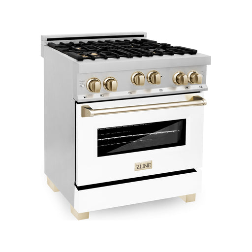 ZLINE Ranges ZLINE Autograph Edition 30 in. 4.0 cu. ft. Dual Fuel Range with Gas Burner and Gas Oven with White Matte Door and Gold Accents RGZ-WM-30-G