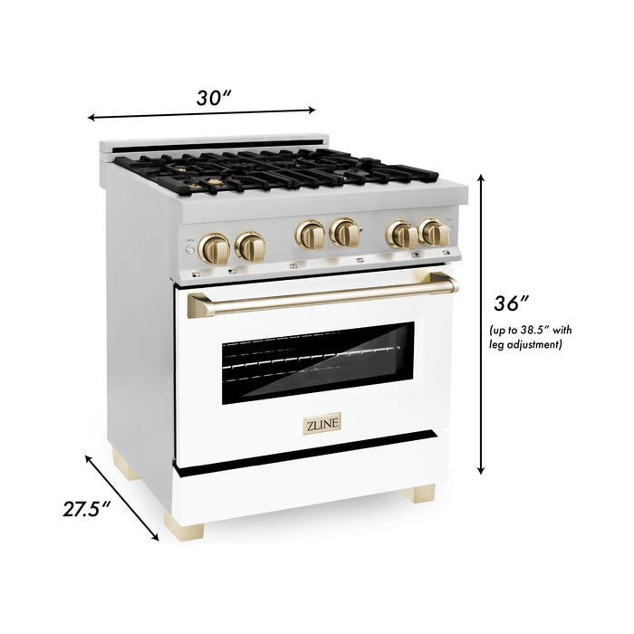 ZLINE Ranges ZLINE Autograph Edition 30 in. 4.0 cu. ft. Dual Fuel Range with Gas Burner and Gas Oven with White Matte Door and Gold Accents RGZ-WM-30-G