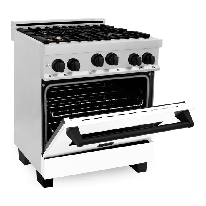 ZLINE Autograph Edition 30 in. 4.0 cu. ft. Gas Range In Stainless Steel with White Matte Door and Matte Black Accents RGZ-WM-30-MB