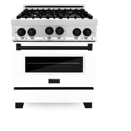 ZLINE Ranges ZLINE Autograph Edition 30 in. 4.0 cu. ft. Gas Range In Stainless Steel with White Matte Door and Matte Black Accents RGZ-WM-30-MB