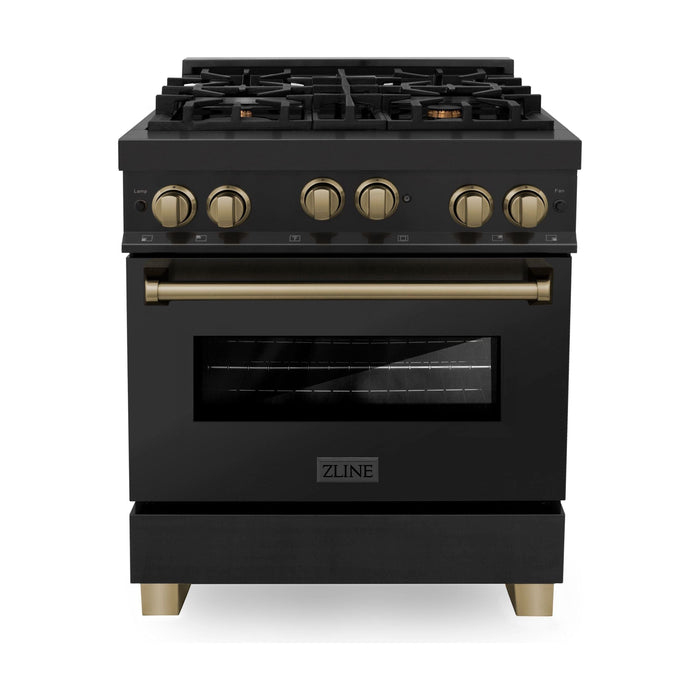 ZLINE Autograph Edition 30 in. 4.0 cu. ft. Range with Gas Burner and Gas Oven In Black Stainless Steel with Champagne Bronze Accents RGBZ-30-CB