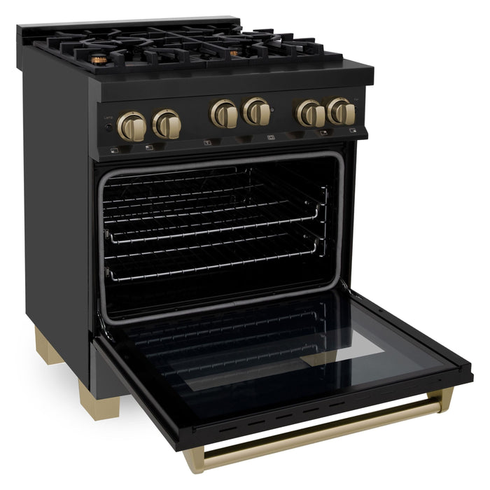 ZLINE Autograph Edition 30 in. 4.0 cu. ft. Range with Gas Burner and Gas Oven In Black Stainless Steel with Champagne Bronze Accents RGBZ-30-CB