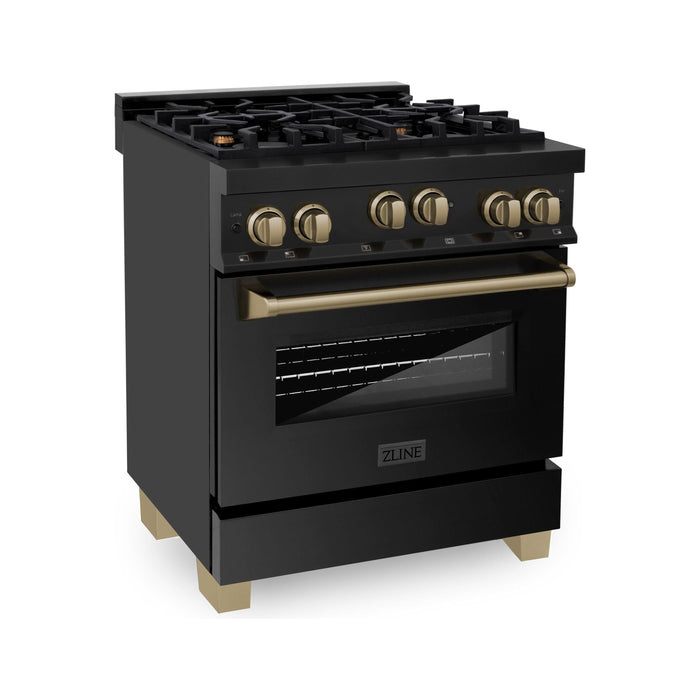 ZLINE Autograph Edition 30 in. 4.0 cu. ft. Range with Gas Burner and Gas Oven In Black Stainless Steel with Champagne Bronze Accents RGBZ-30-CB