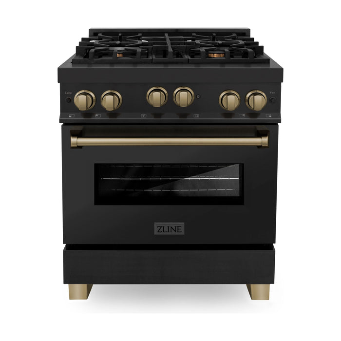 ZLINE Ranges ZLINE Autograph Edition 30 in. 4.0 cu. ft. Range with Gas Burner and Gas Oven In Black Stainless Steel with Champagne Bronze Accents RGBZ-30-CB