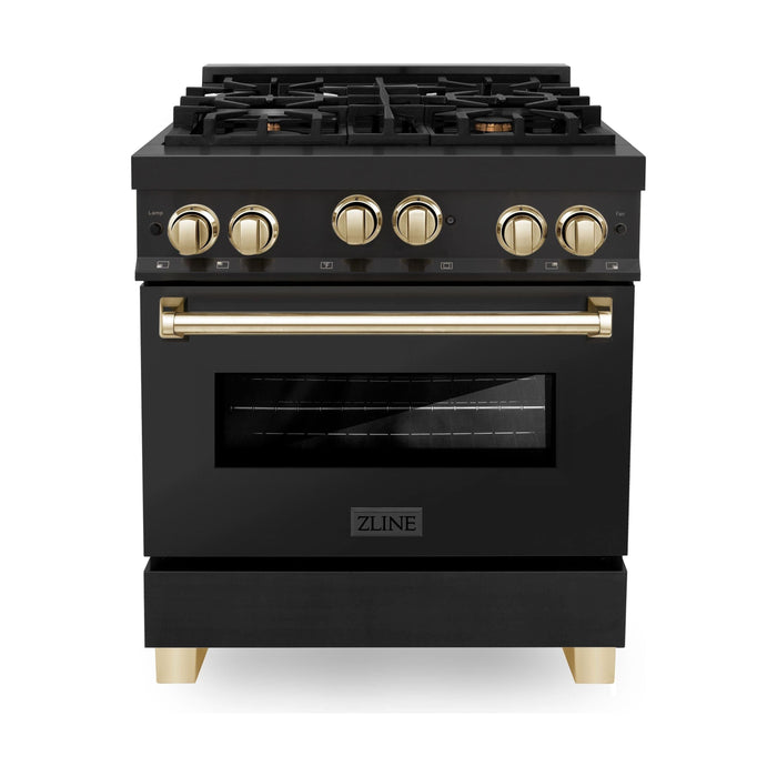 ZLINE Autograph Edition 30 in. 4.0 cu. ft. Range with Gas Burner and Gas Oven In Black Stainless Steel with Gold Accents RGBZ-30-G