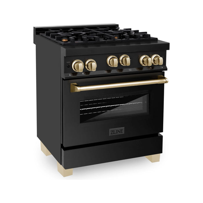 ZLINE Autograph Edition 30 in. 4.0 cu. ft. Range with Gas Burner and Gas Oven In Black Stainless Steel with Gold Accents RGBZ-30-G