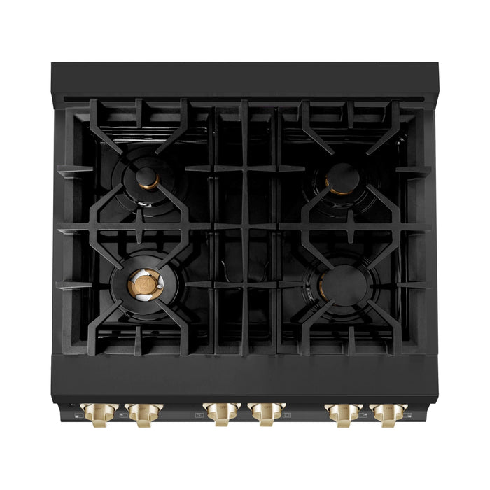 ZLINE Autograph Edition 30 in. 4.0 cu. ft. Range with Gas Burner and Gas Oven In Black Stainless Steel with Gold Accents RGBZ-30-G