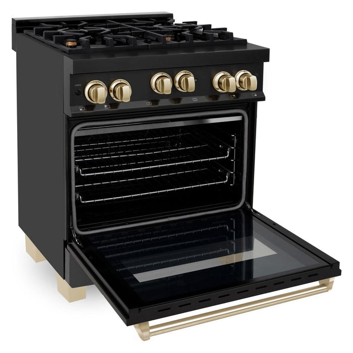 ZLINE Autograph Edition 30 in. 4.0 cu. ft. Range with Gas Burner and Gas Oven In Black Stainless Steel with Gold Accents RGBZ-30-G