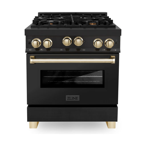 ZLINE Ranges ZLINE Autograph Edition 30 in. 4.0 cu. ft. Range with Gas Burner and Gas Oven In Black Stainless Steel with Gold Accents RGBZ-30-G