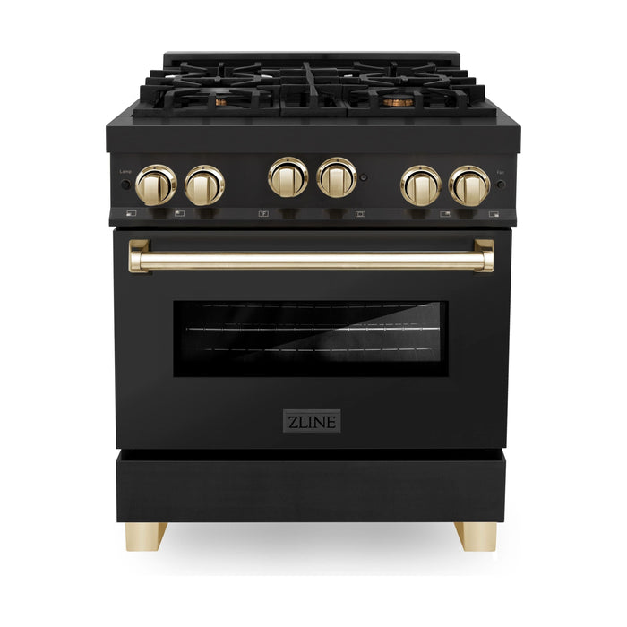 ZLINE Ranges ZLINE Autograph Edition 30 in. 4.0 cu. ft. Range with Gas Burner and Gas Oven In Black Stainless Steel with Gold Accents RGBZ-30-G
