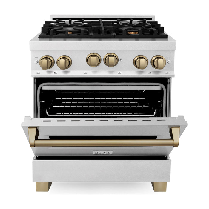 ZLINE Autograph Edition 30 in. 4.0 cu. ft. Range with Gas Burner and Gas Oven In DuraSnow Stainless Steel with Champagne Bronze Accents RGSZ-SN-30-CB