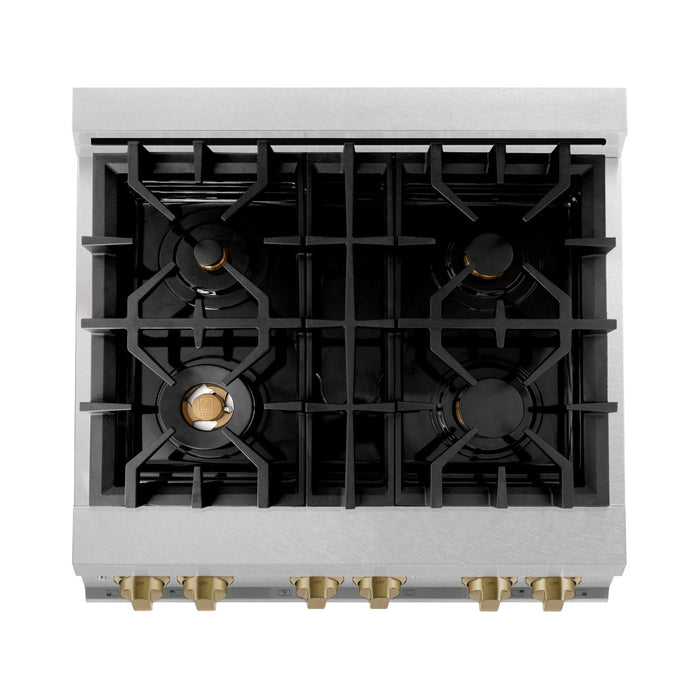 ZLINE Autograph Edition 30 in. 4.0 cu. ft. Range with Gas Burner and Gas Oven In DuraSnow Stainless Steel with Champagne Bronze Accents RGSZ-SN-30-CB