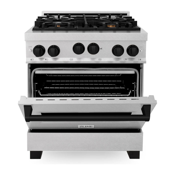 ZLINE Autograph Edition 30 in 4.0 cu. ft. Range with Gas Burner and Gas Oven In DuraSnow Stainless Steel with Matte Black Accents RGSZ-SN-30-MB