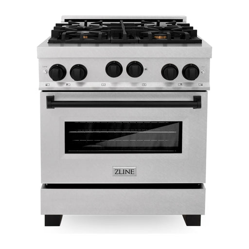 ZLINE Autograph Edition 30 in 4.0 cu. ft. Range with Gas Burner and Gas Oven In DuraSnow Stainless Steel with Matte Black Accents RGSZ-SN-30-MB