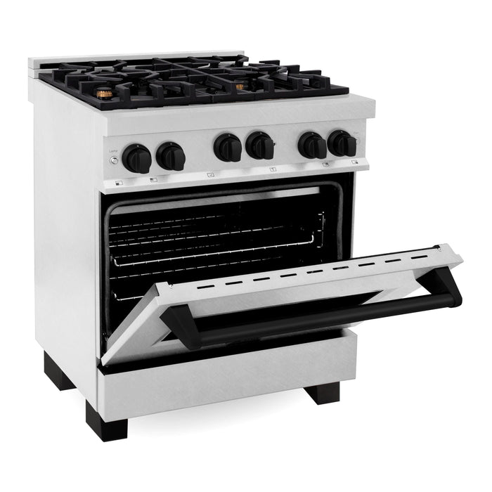 ZLINE Autograph Edition 30 in 4.0 cu. ft. Range with Gas Burner and Gas Oven In DuraSnow Stainless Steel with Matte Black Accents RGSZ-SN-30-MB