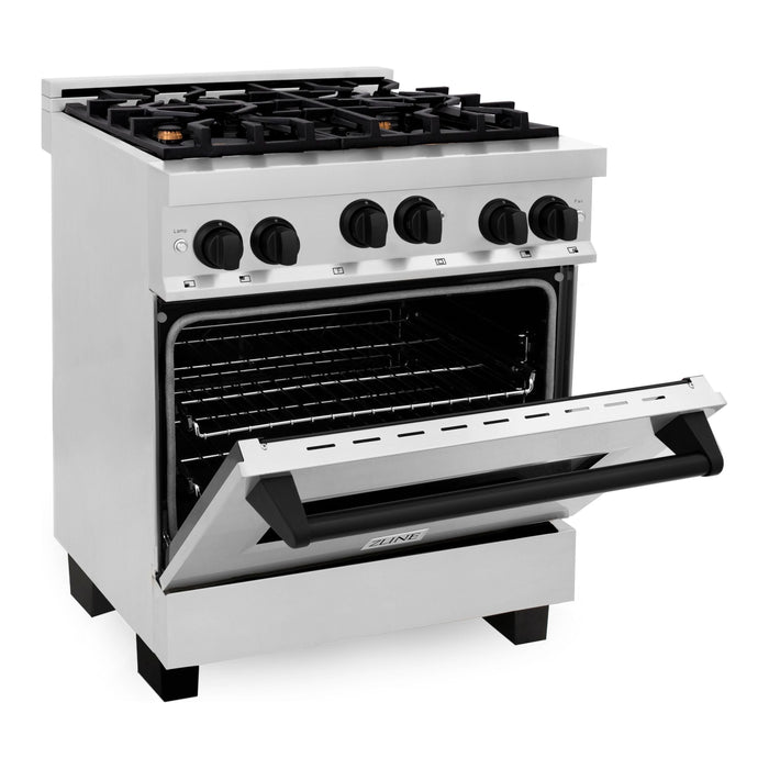 ZLINE Ranges ZLINE Autograph Edition 30 in. 4.0 cu. ft. Range with Gas Burner and Gas Oven In Stainless Steel with Matte Black Accents RGZ-30-MB