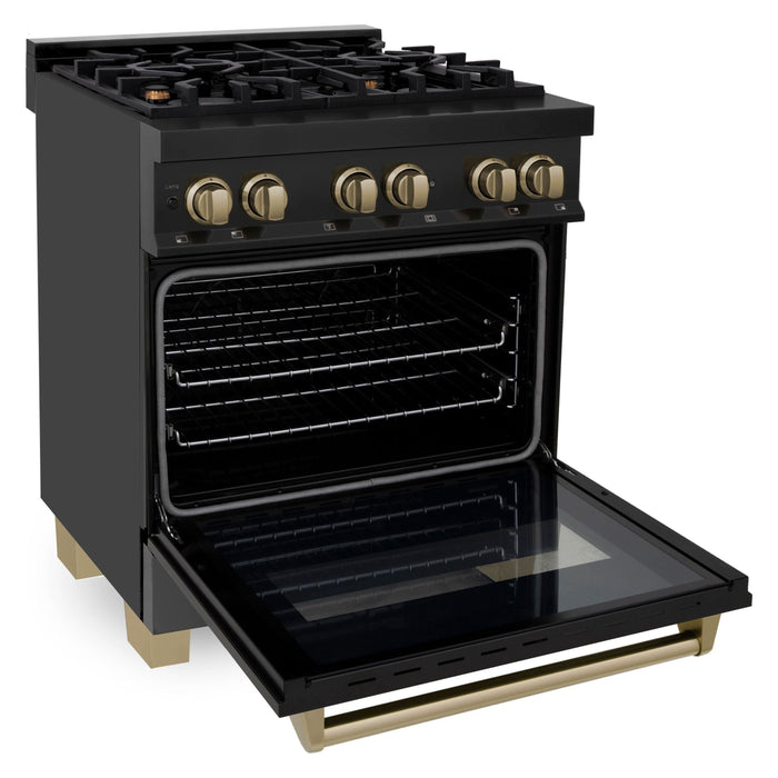 ZLINE Autograph Edition 30 In. 4.0 cu. ft. Range with Gas Stove and Electric Oven In Black Stainless Steel with Champagne Bronze Accents RABZ-30-CB