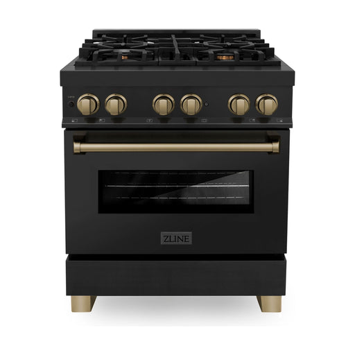 ZLINE Ranges ZLINE Autograph Edition 30 In. 4.0 cu. ft. Range with Gas Stove and Electric Oven In Black Stainless Steel with Champagne Bronze Accents RABZ-30-CB