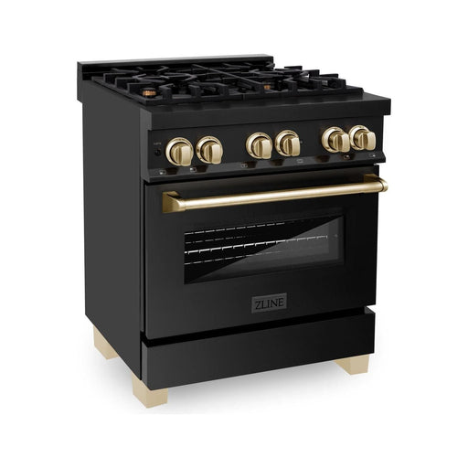 ZLINE Autograph Edition 30 In. 4.0 cu. ft. Range with Gas Stove and Electric Oven In Black Stainless Steel with Gold Accents RABZ-30-G