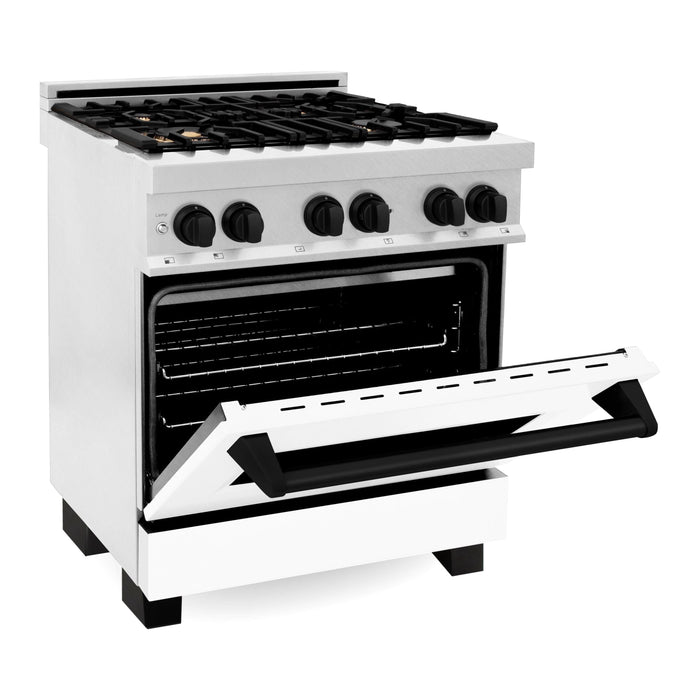 ZLINE Autograph Edition 30 in. 4.0 cu. ft. Range with Gas Stove and Electric Oven In DuraSnow with White Matte Door and Matte Black Accents RASZ-WM-30-MB