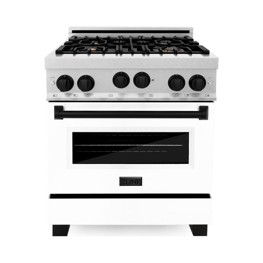 ZLINE Autograph Edition 30 in. 4.0 cu. ft. Range with Gas Stove and Gas Oven In DuraSnow with White Matte Door and Matte Black Accents RGSZ-WM-30-MB