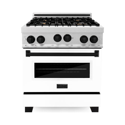 ZLINE Ranges ZLINE Autograph Edition 30 in. 4.0 cu. ft. Range with Gas Stove and Gas Oven In DuraSnow with White Matte Door and Matte Black Accents RGSZ-WM-30-MB