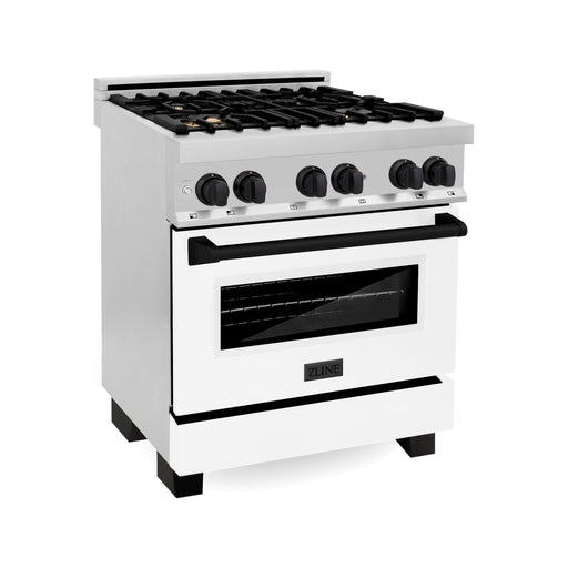 ZLINE Autograph Edition 30 in. Dual Fuel Range with Gas Stove and Electric Oven with White Matte Door and Matte Black Accents RAZ-WM-30-MB