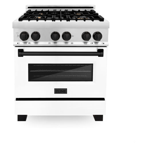 ZLINE Autograph Edition 30 in. Dual Fuel Range with Gas Stove and Electric Oven with White Matte Door and Matte Black Accents RAZ-WM-30-MB