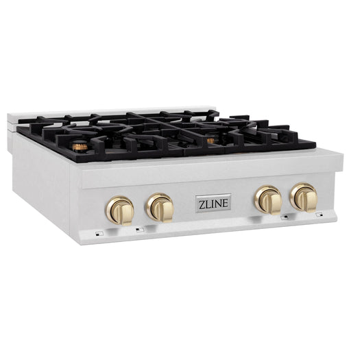 ZLINE Rangetops ZLINE Autograph Edition 30 in. Porcelain Rangetop with 4 Gas Burners In DuraSnow Stainless Steel and Gold Accents RTSZ-30-G