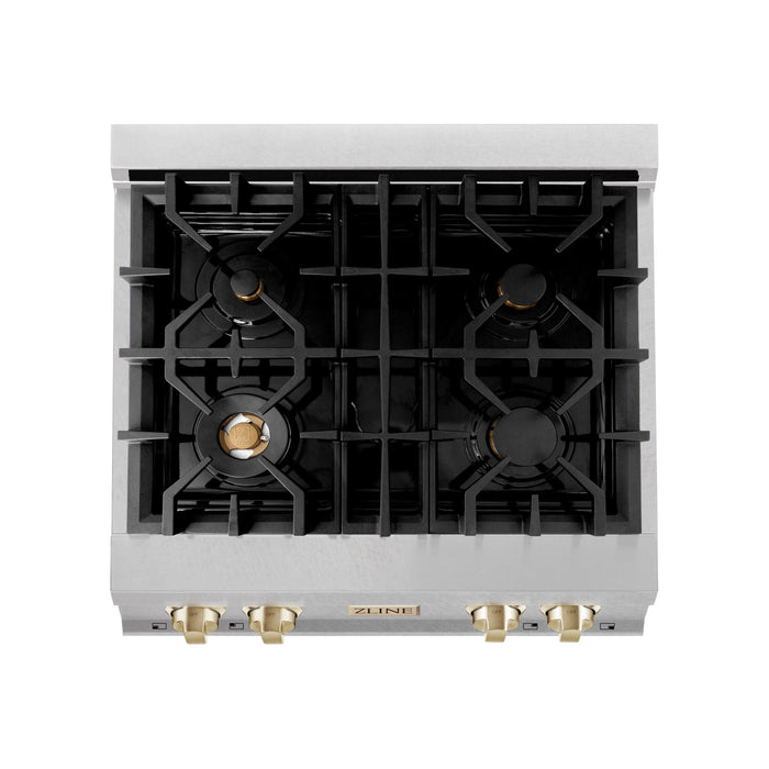 ZLINE Rangetops ZLINE Autograph Edition 30 in. Porcelain Rangetop with 4 Gas Burners In DuraSnow Stainless Steel and Gold Accents RTSZ-30-G