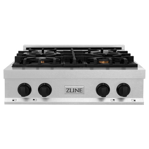 ZLINE Autograph Edition 30 in. Porcelain Rangetop with 4 Gas Burners In DuraSnow Stainless Steel and Matte Black Accents RTSZ-30-MB