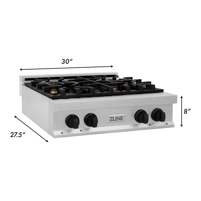 ZLINE Rangetops ZLINE Autograph Edition 30 in. Porcelain Rangetop with 4 Gas Burners In DuraSnow Stainless Steel and Matte Black Accents RTSZ-30-MB