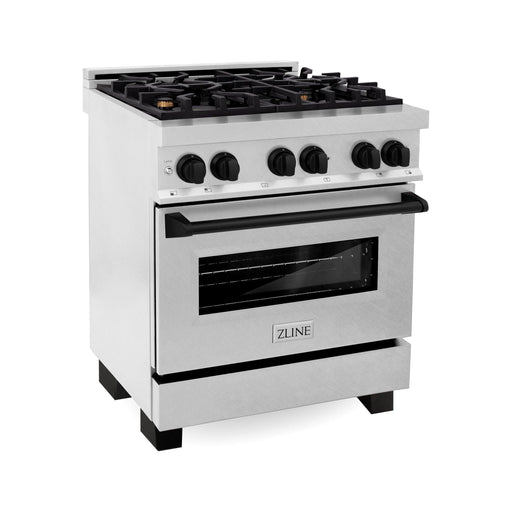 ZLINE Autograph Edition 30 in. Range with Gas Burner and Electric Oven In DuraSnow Stainless Steel with Matte Black Accents RASZ-SN-30-MB