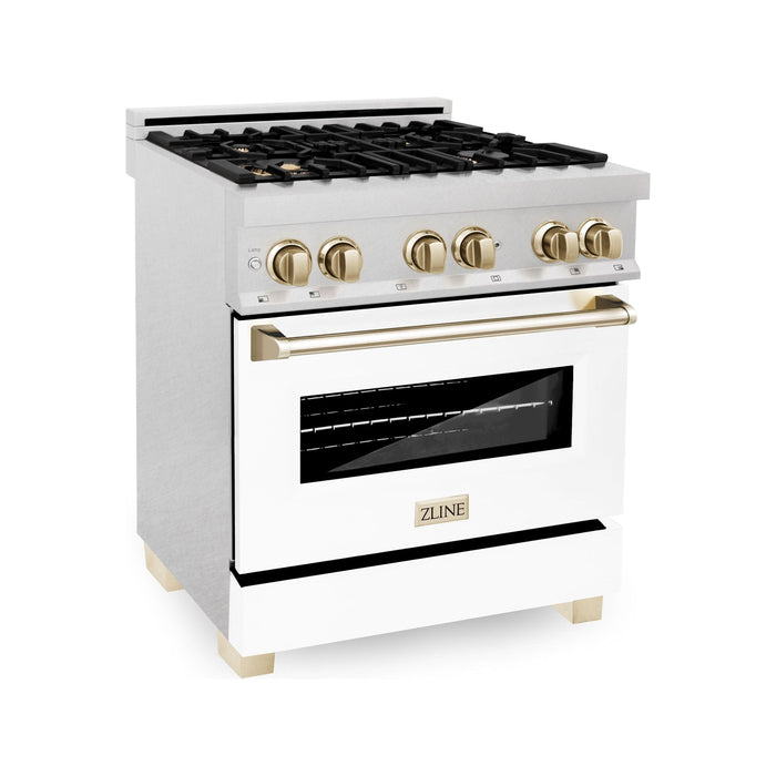 ZLINE Autograph Edition 30 in. Range with Gas Burner and Electric Oven In DuraSnow Stainless Steel with White Matte Door and Gold Accents RASZ-WM-30-G