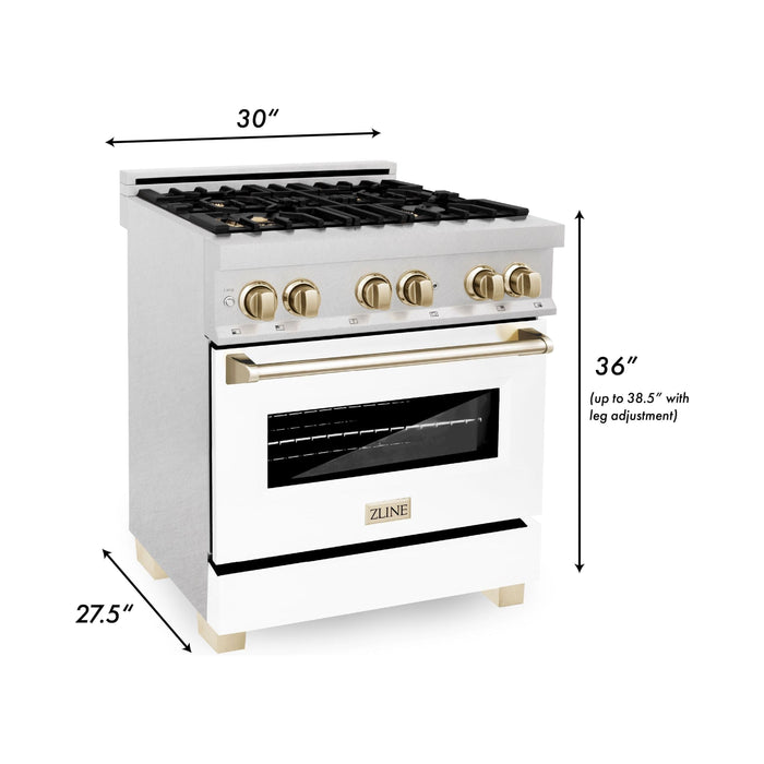 ZLINE Autograph Edition 30 in. Range with Gas Burner and Electric Oven In DuraSnow Stainless Steel with White Matte Door and Gold Accents RASZ-WM-30-G