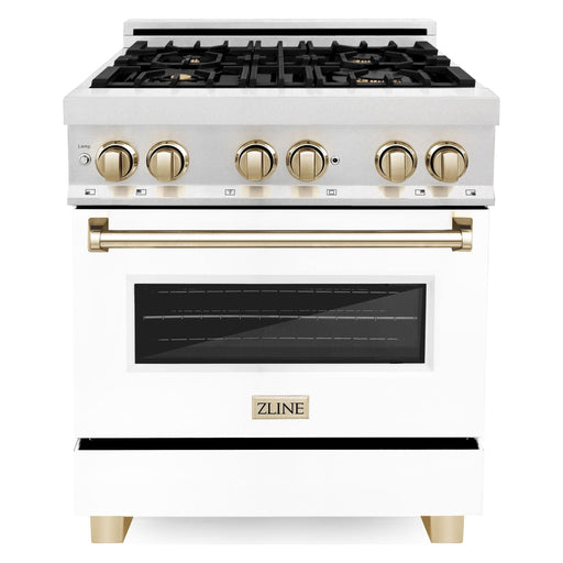 ZLINE Autograph Edition 30 in. Range with Gas Burner and Electric Oven In DuraSnow Stainless Steel with White Matte Door and Gold Accents RASZ-WM-30-G