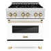 ZLINE Autograph Edition 30 in. Range with Gas Burner and Electric Oven In DuraSnow Stainless Steel with White Matte Door and Gold Accents RASZ-WM-30-G