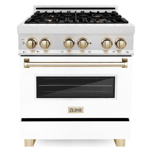 ZLINE Ranges ZLINE Autograph Edition 30 in. Range with Gas Burner and Electric Oven In DuraSnow Stainless Steel with White Matte Door and Gold Accents RASZ-WM-30-G