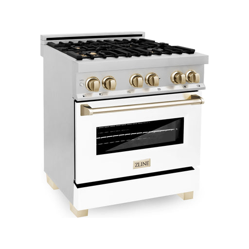 ZLINE Autograph Edition 30 in. Range with Gas Burner and Electric Oven In Stainless Steel with White Matte Door and Gold Accents RAZ-WM-30-G