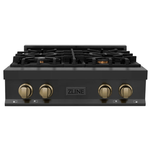 ZLINE Autograph Edition 30 In. Rangetop with 4 Gas Burners in Black Stainless Steel and Champagne Bronze Accents, RTBZ-30-CB