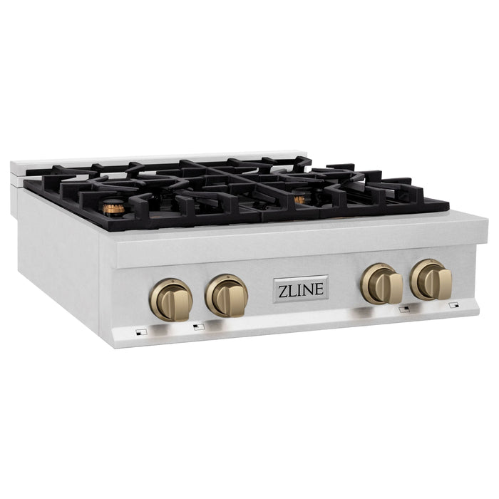 ZLINE Autograph Edition 30 In. Rangetop with 4 Gas Burners in DuraSnow®Stainless Steel and Champagne Bronze Accents, RTSZ-30-CB