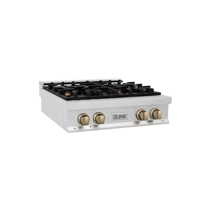 ZLINE Autograph Edition 30 In. Rangetop with 4 Gas Burners in DuraSnow®Stainless Steel and Champagne Bronze Accents, RTSZ-30-CB