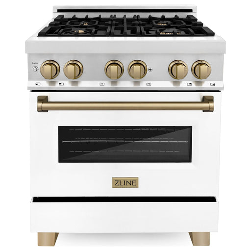 ZLINE Autograph Edition 30 Inch Dual Fuel Range with Gas Stove and Electric Oven In Stainless Steel with White Matte Door and Champagne Bronze Accents RAZ-WM-30-CB