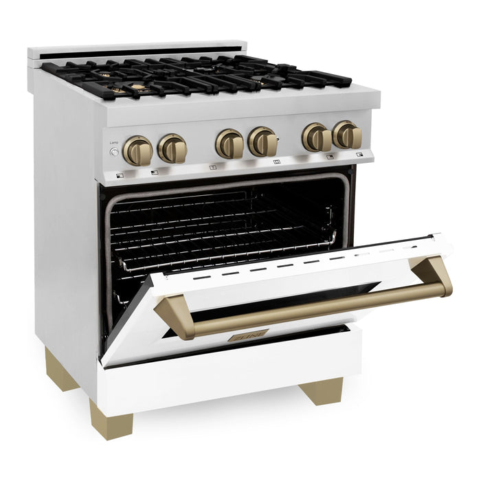 ZLINE Ranges ZLINE Autograph Edition 30 Inch Dual Fuel Range with Gas Stove and Electric Oven In Stainless Steel with White Matte Door and Champagne Bronze Accents RAZ-WM-30-CB