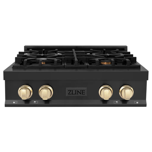 ZLINE Rangetops ZLINE Autograph Edition 30 Inch Porcelain Rangetop with 4 Gas Burners In Black Stainless Steel and Gold Accents RTBZ-30-G