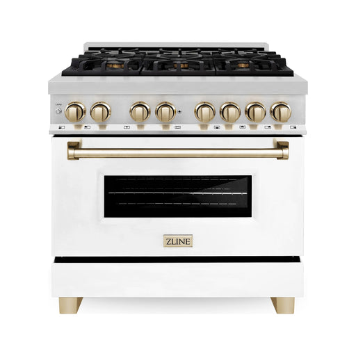 ZLINE Autograph Edition 36 in. 4.6 cu. ft. Dual Fuel Range with Gas Stove and Electric Oven with White Matte Door and Gold Accents RAZ-WM-36-G