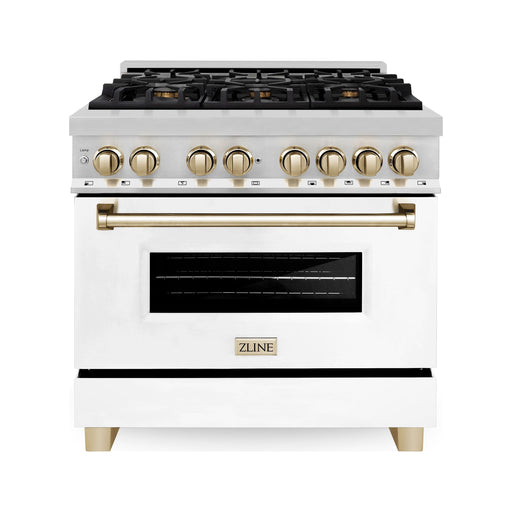 ZLINE Ranges ZLINE Autograph Edition 36 in. 4.6 cu. ft. Dual Fuel Range with Gas Stove and Electric Oven with White Matte Door and Gold Accents RAZ-WM-36-G