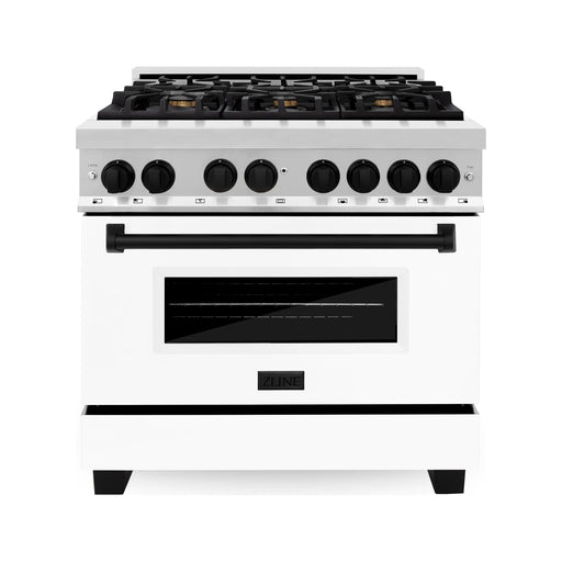 ZLINE Autograph Edition 36 in. 4.6 cu. ft. Dual Fuel Range with Gas Stove and Electric Oven with White Matte Door and Matte Black Accents RAZ-WM-36-MB