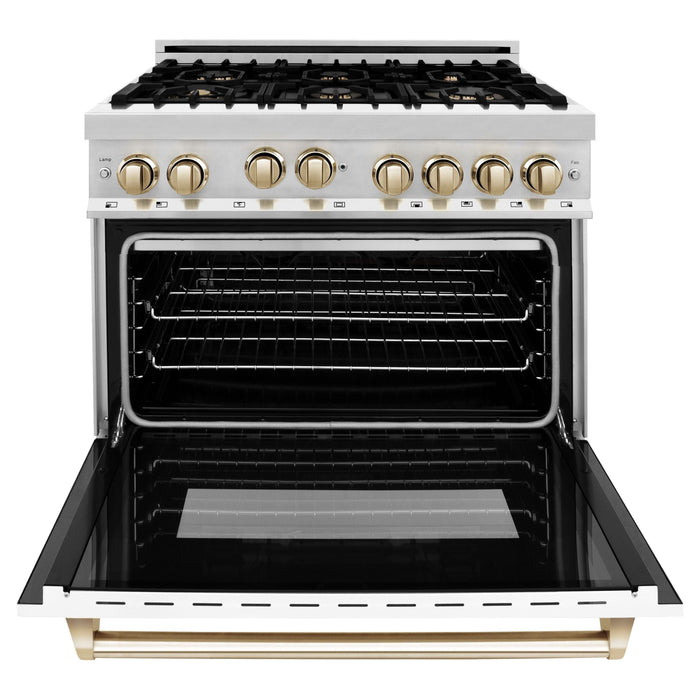 ZLINE Ranges ZLINE Autograph Edition 36 in. 4.6 cu. ft. Range with Gas Burner and Gas Oven with White Matte Door and Gold Accents RGZ-WM-36-G
